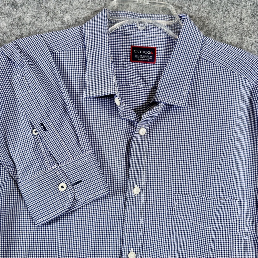 Untuckit Button Down Performance Shirt Mens 3XL LS Blue Checkered Plaid Nylon